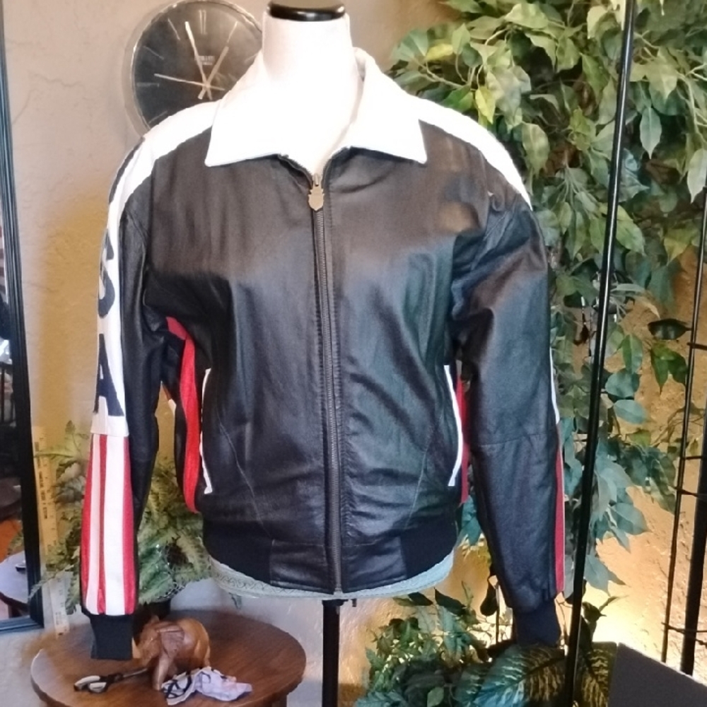 Michael Hoban Black Leather Bomber Jacket with our American Flag and USA Details